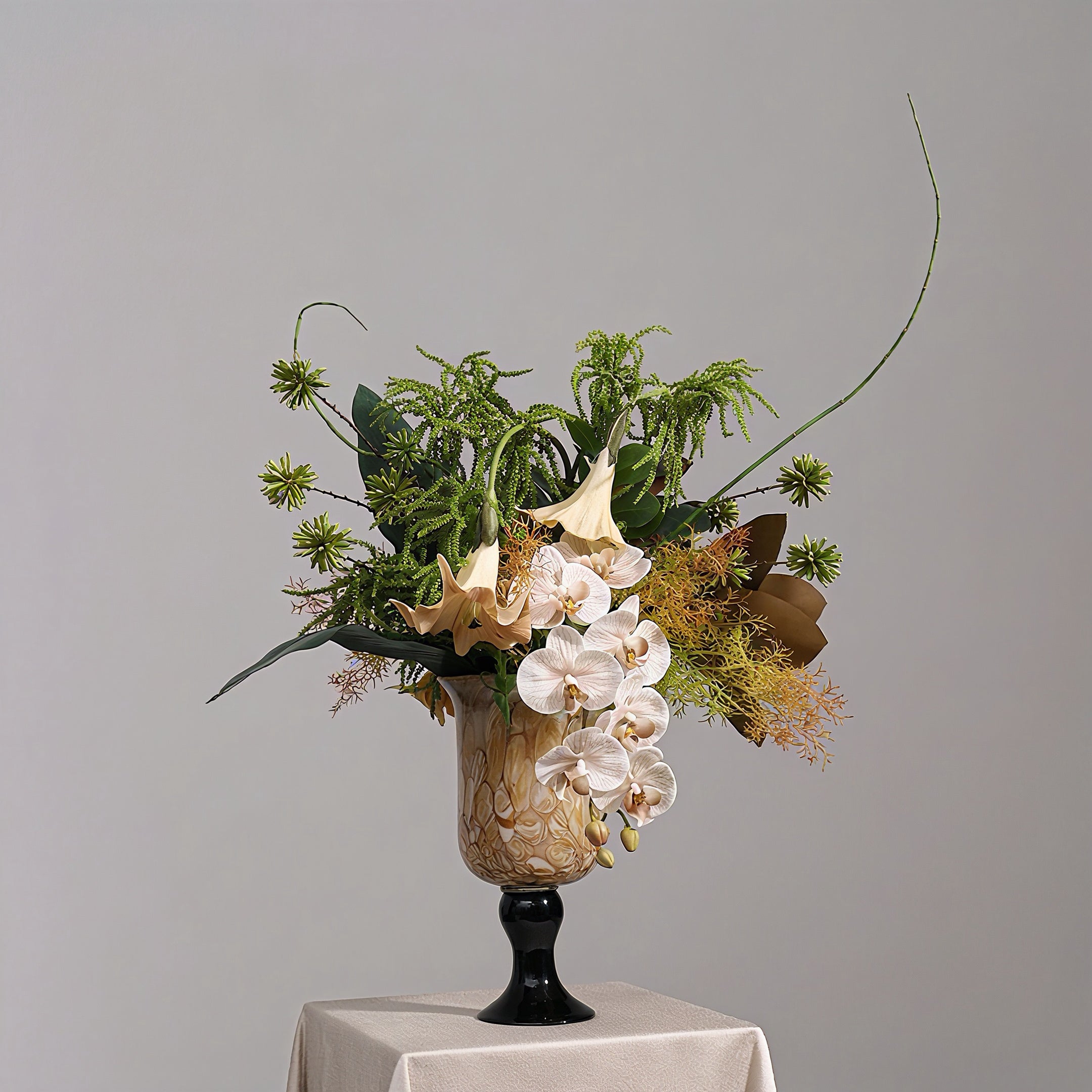 RUNAVASTO Modern Zen Floral Arrangement with Amber-Toned Glass Vase - Elegant Artificial Orchid & Lily Centerpiece for Luxury Home Decor