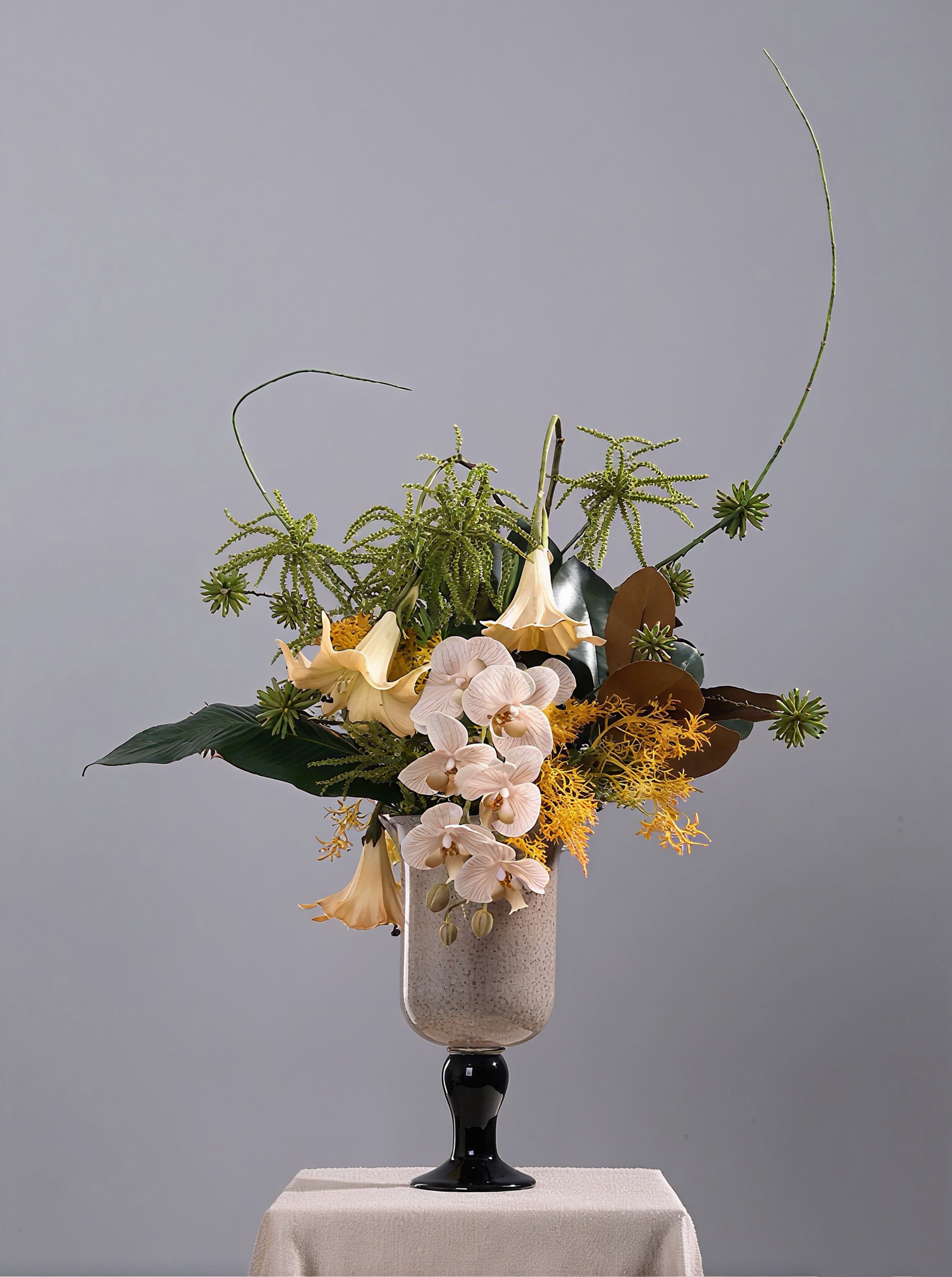 RUNAVASTO Modern Zen Floral Arrangement with Amber-Toned Glass Vase - Elegant Artificial Orchid & Lily Centerpiece for Luxury Home Decor