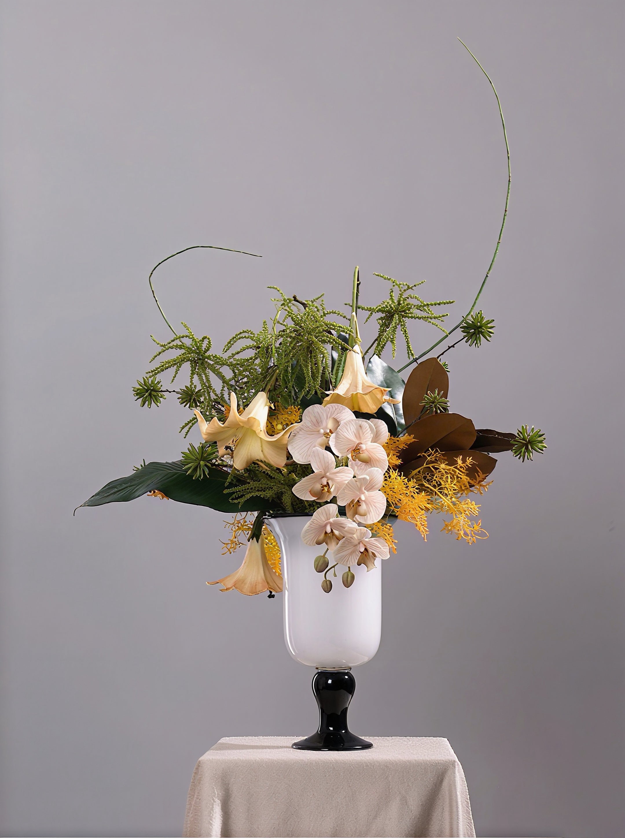 RUNAVASTO Modern Zen Floral Arrangement with Amber-Toned Glass Vase - Elegant Artificial Orchid & Lily Centerpiece for Luxury Home Decor