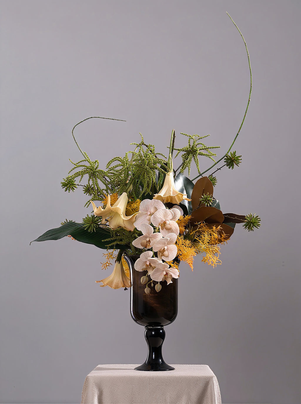 RUNAVASTO Modern Zen Floral Arrangement with Amber-Toned Glass Vase - Elegant Artificial Orchid & Lily Centerpiece for Luxury Home Decor