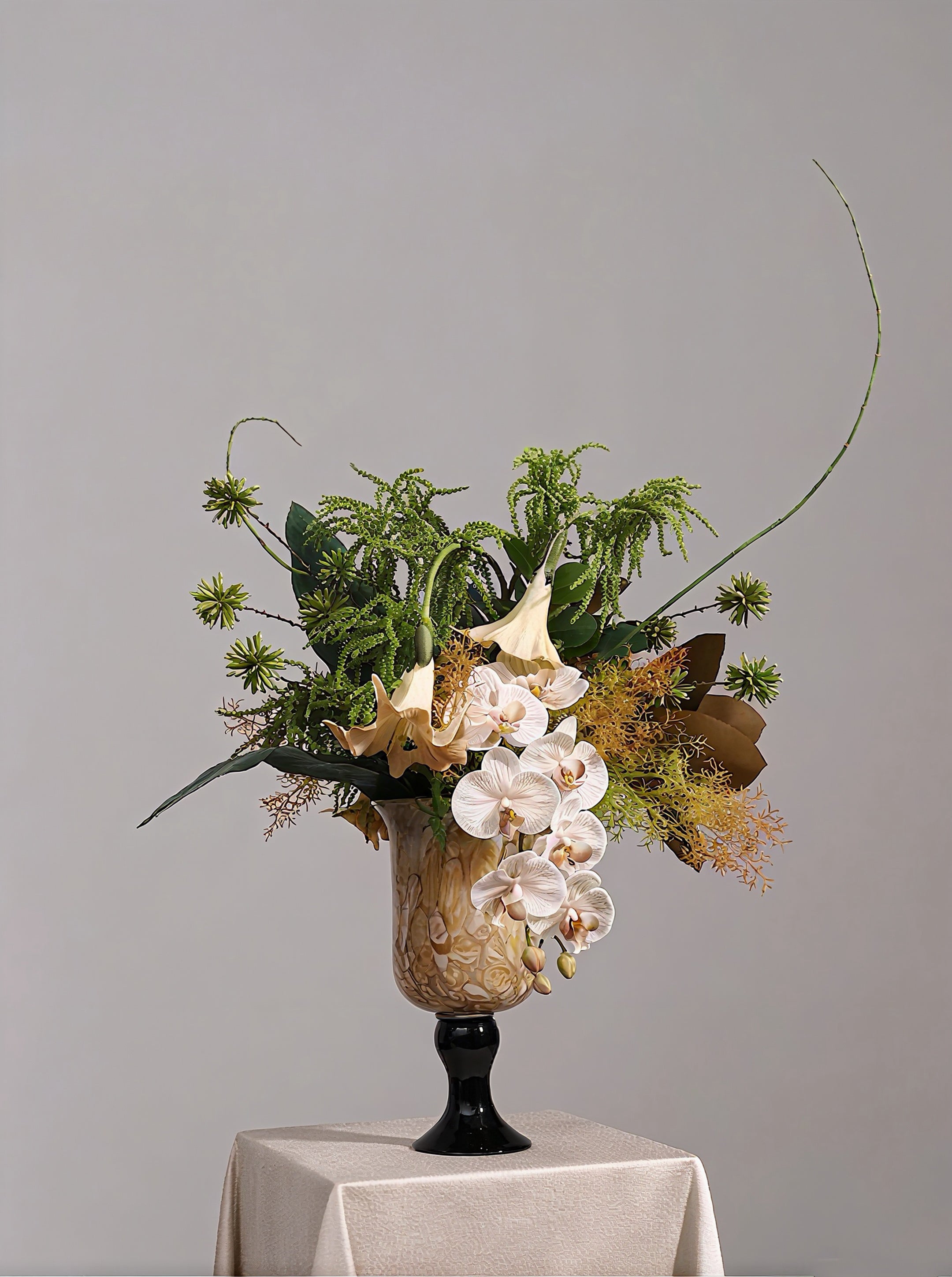 RUNAVASTO Modern Zen Floral Arrangement with Amber-Toned Glass Vase - Elegant Artificial Orchid & Lily Centerpiece for Luxury Home Decor