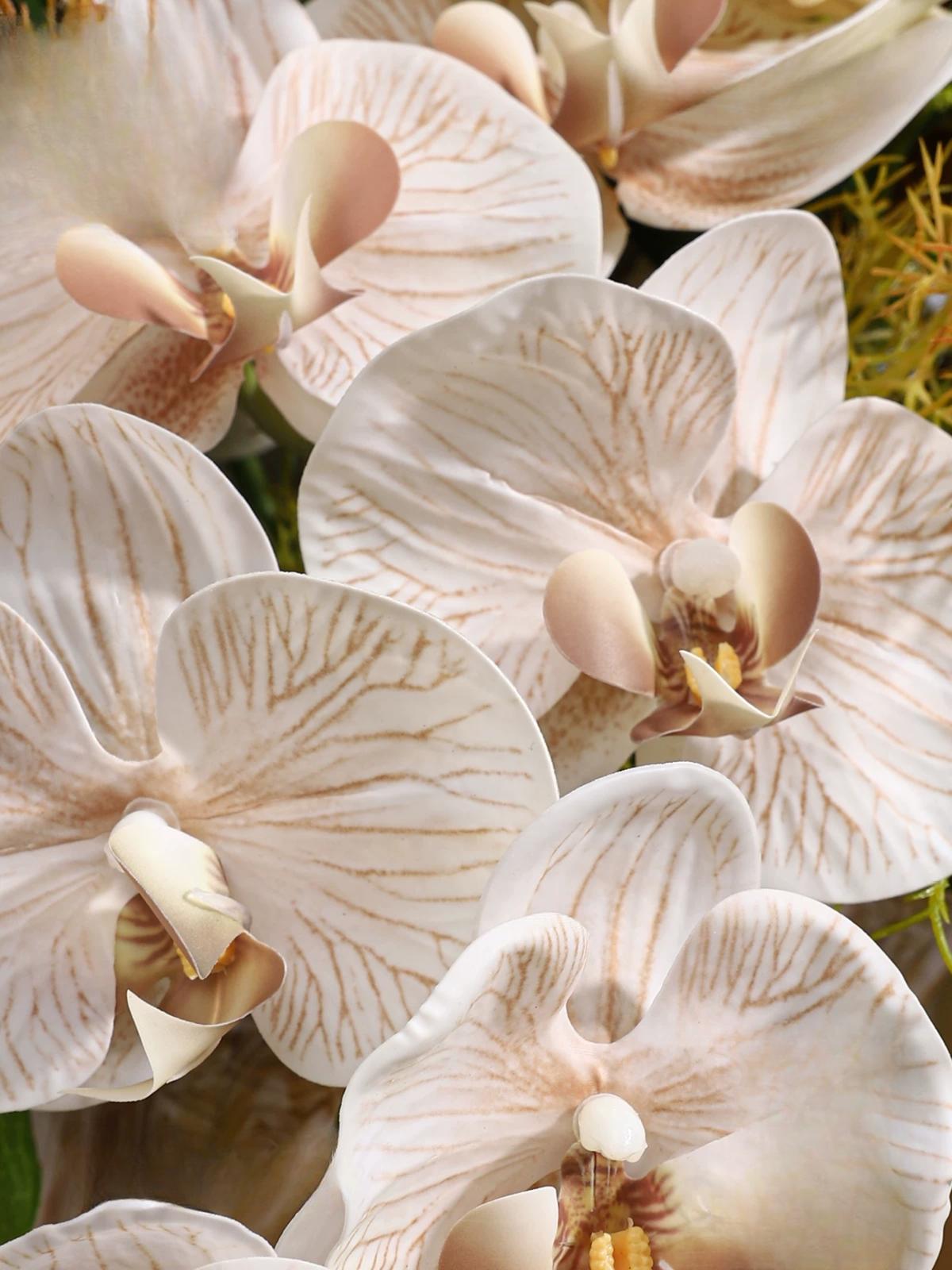 RUNAVASTO Modern Zen Floral Arrangement with Amber-Toned Glass Vase - Elegant Artificial Orchid & Lily Centerpiece for Luxury Home Decor